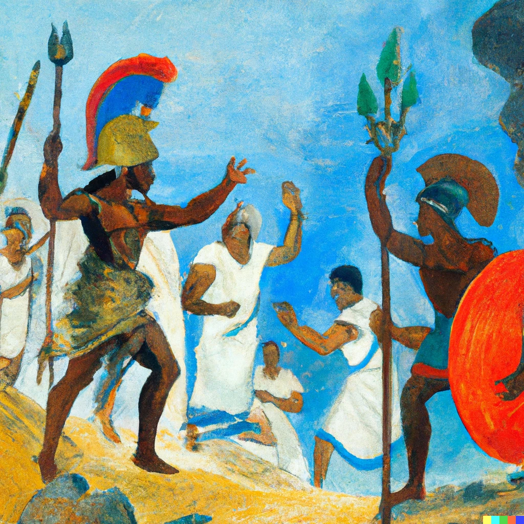 Prompt: an impressionist painting showing a battle between the orishas and the gods of olympus