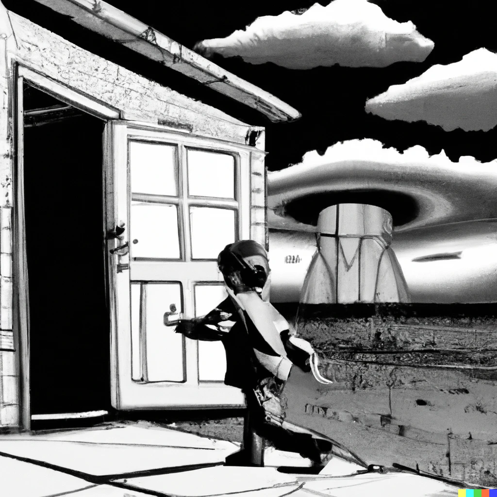 Prompt: A starving child fleeing the war as his house is bombed by an atomic bomb.