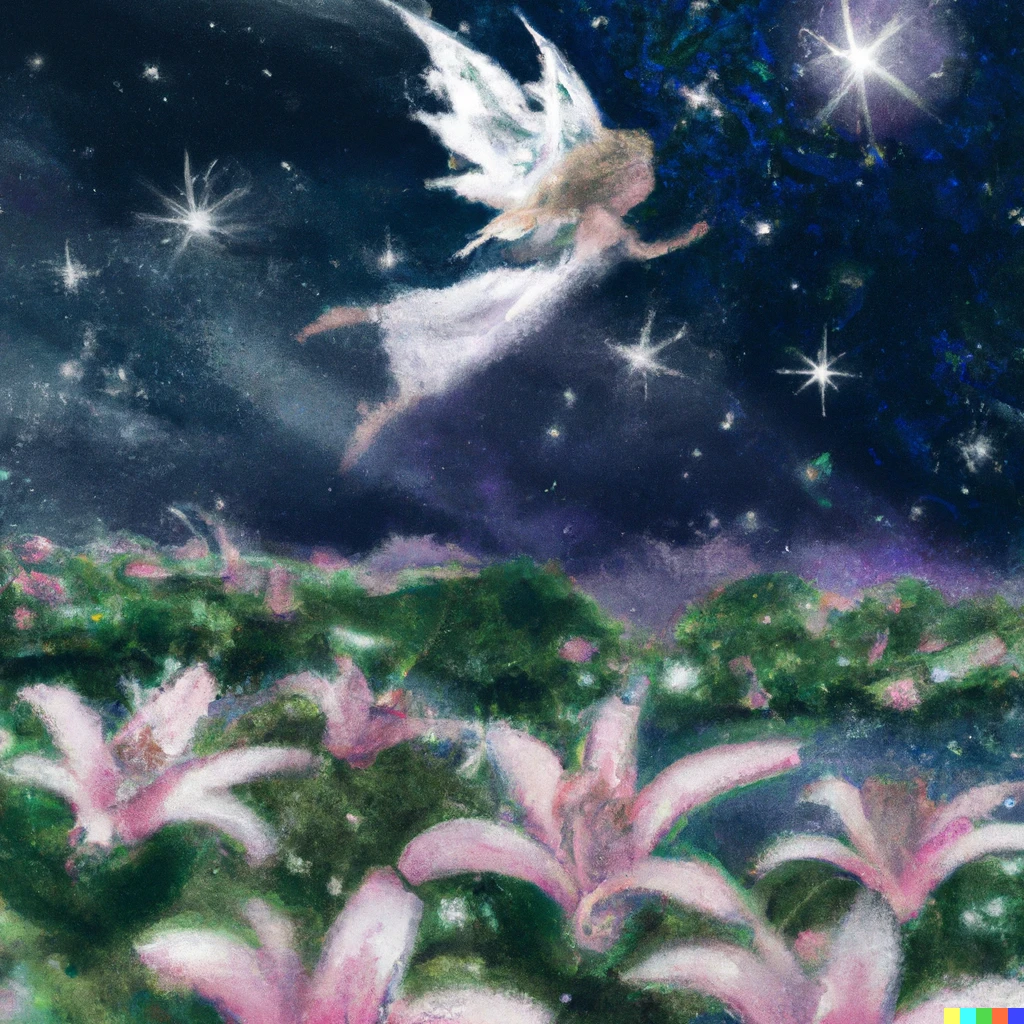 Prompt: a fairy flying over lily fields under the starlight