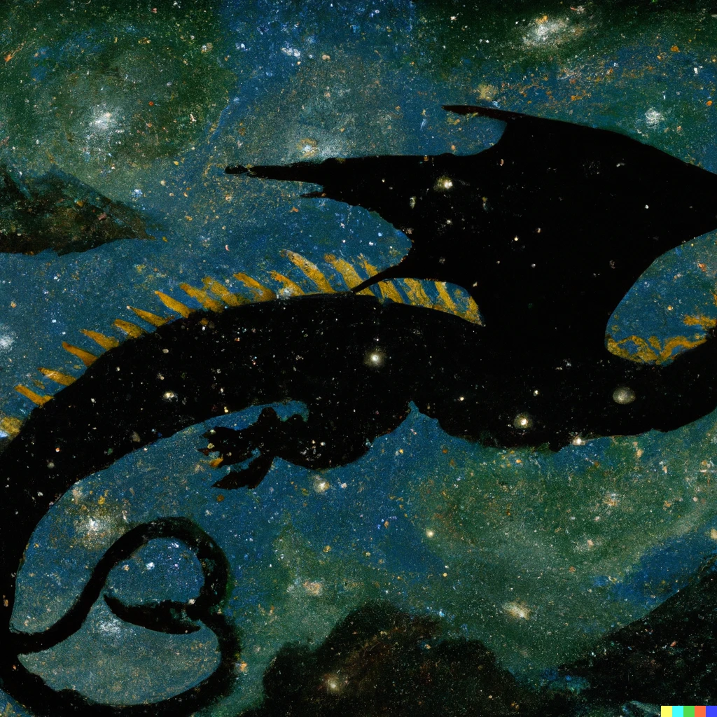 Prompt: A gigantic dragon flying in a starry night towards infinity, by monet