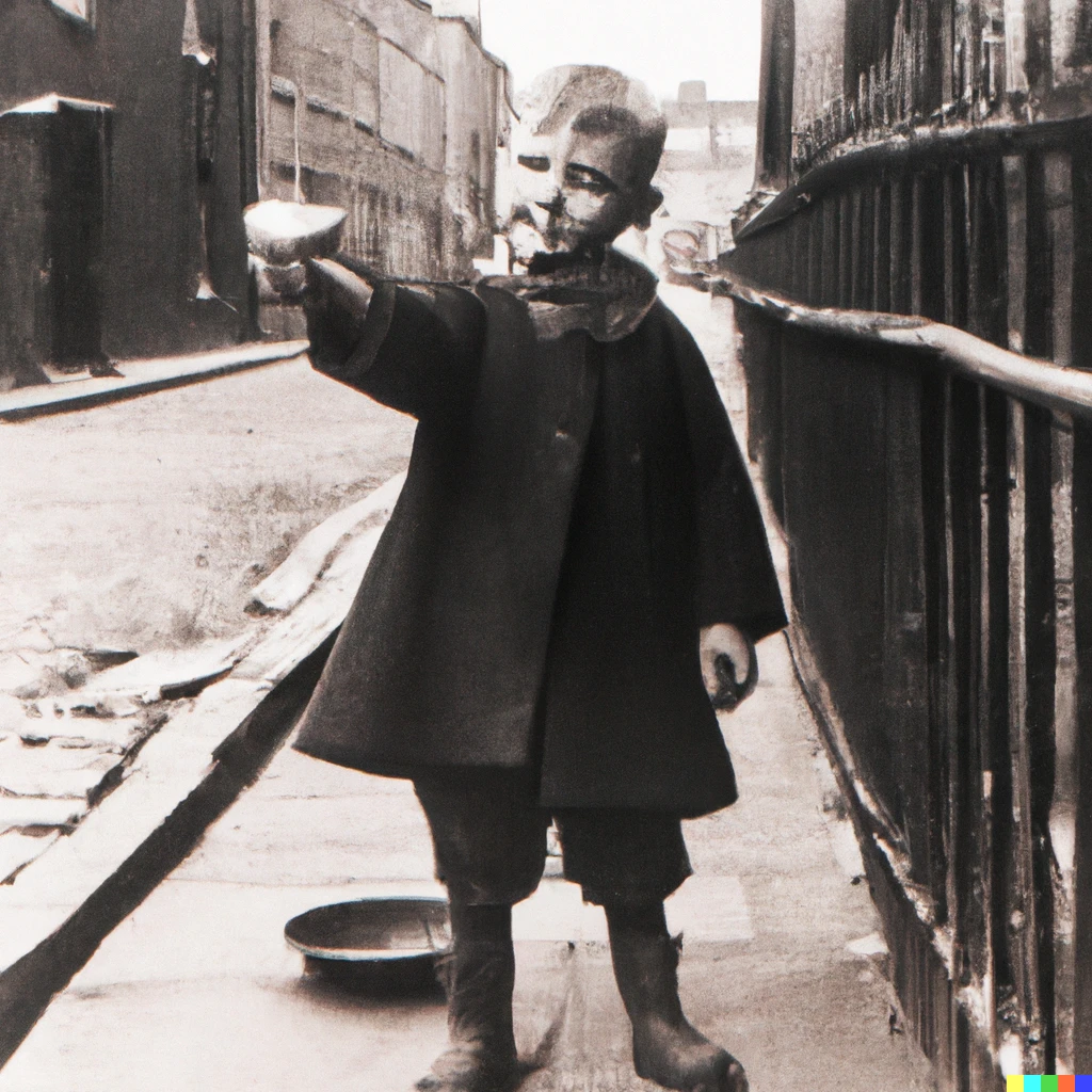 Prompt: A hungry child begs for food on the streets of London during the Industrial Revolution.