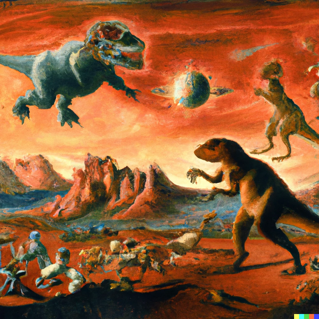 Prompt: a renaissance painting showing a war between large space dinosaurs in the mountains of mars