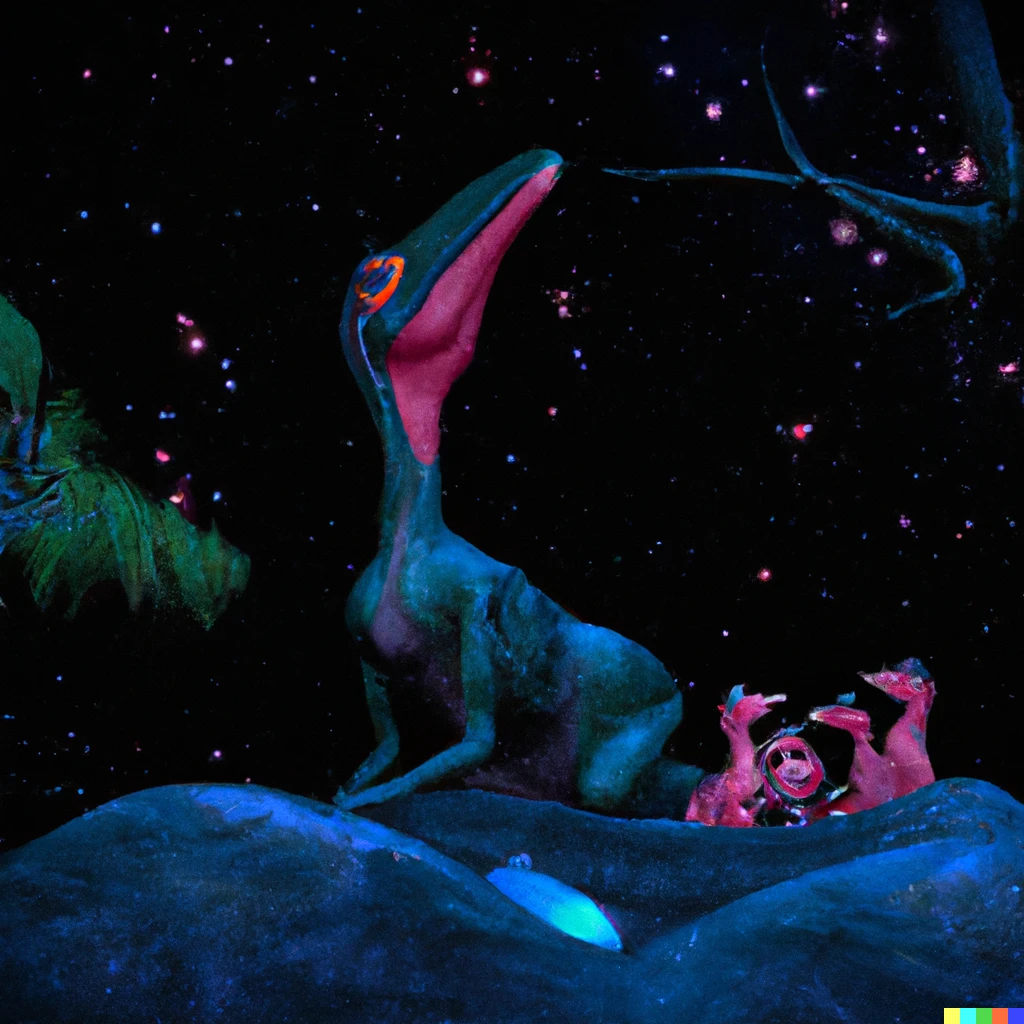 Prompt: 3d art of A velociraptor mother cares for her babies in the jurassic jungle on a starry night.