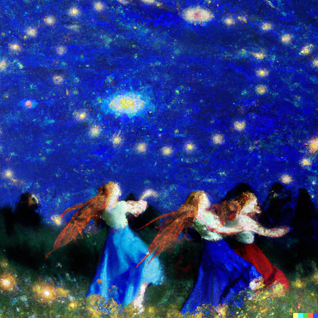 Prompt: Bright fairies dance over a field of stars, by Leonardo da Vinci