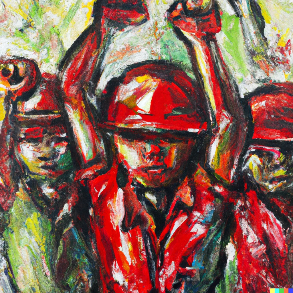 Prompt: the workers of the world fighting together against capitalist exploitation. oil on canvas