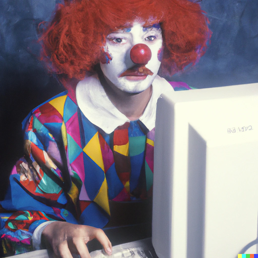Prompt: A photorealistic portrait of a clown on a computer from the 1980s.