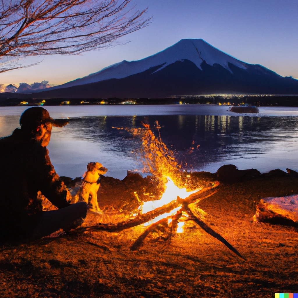 Prompt: A software engineer and a dog are enjoying bonfire in front of lake near Mt. Fuji.