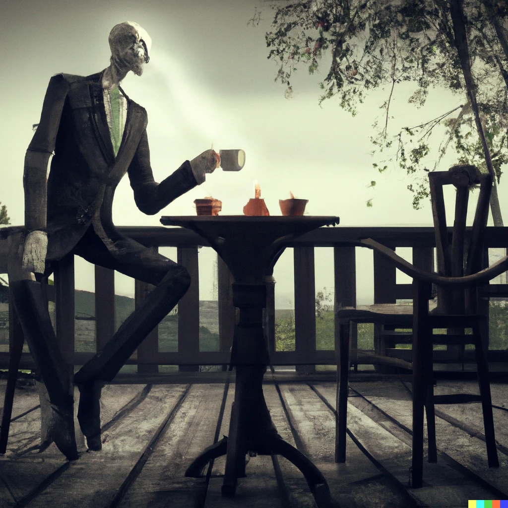 Prompt: The slenderman drink a coup of tea on a terrace, horrific style