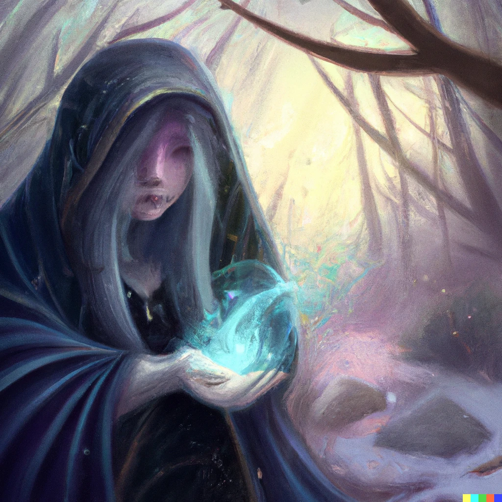 Prompt: Frost Mage fortune telling on an eerie forest digital art