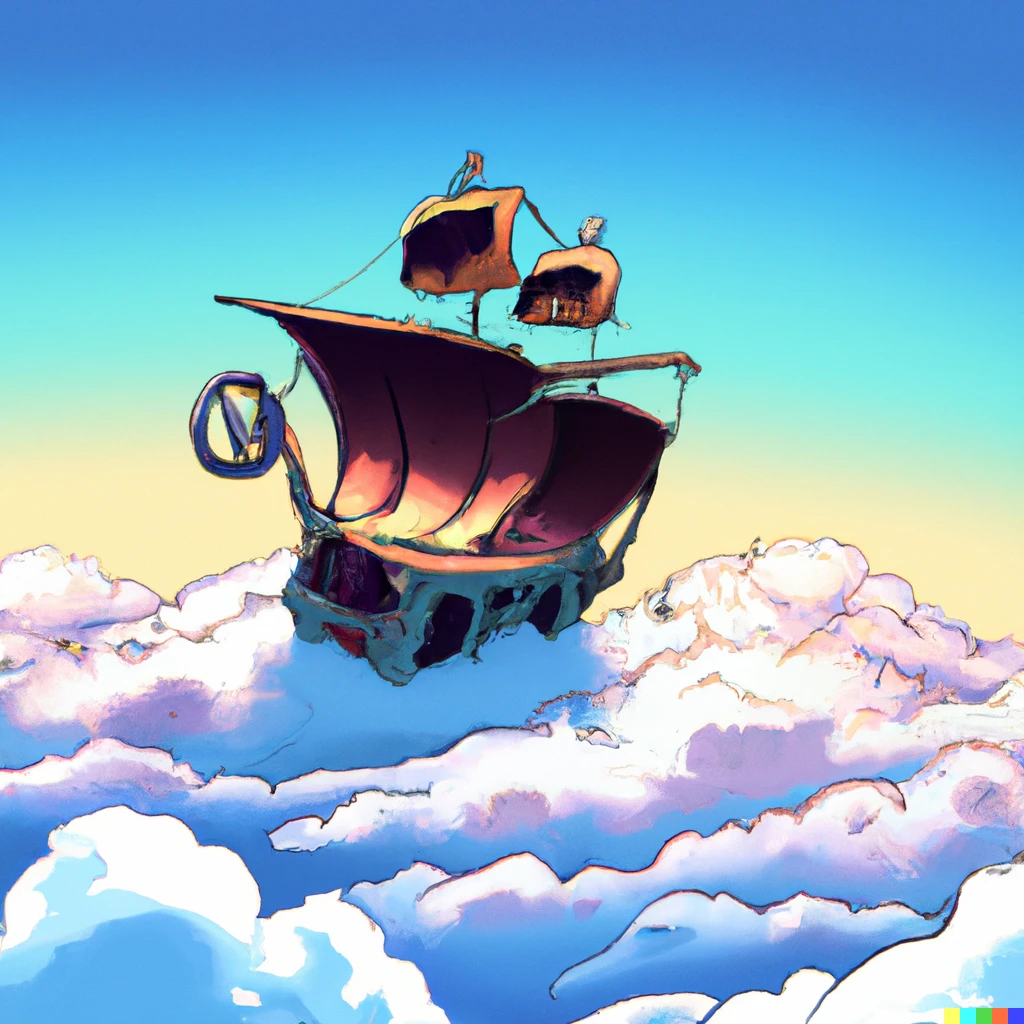 Prompt: un barco pirata surcando un mar de nubes en el espacio