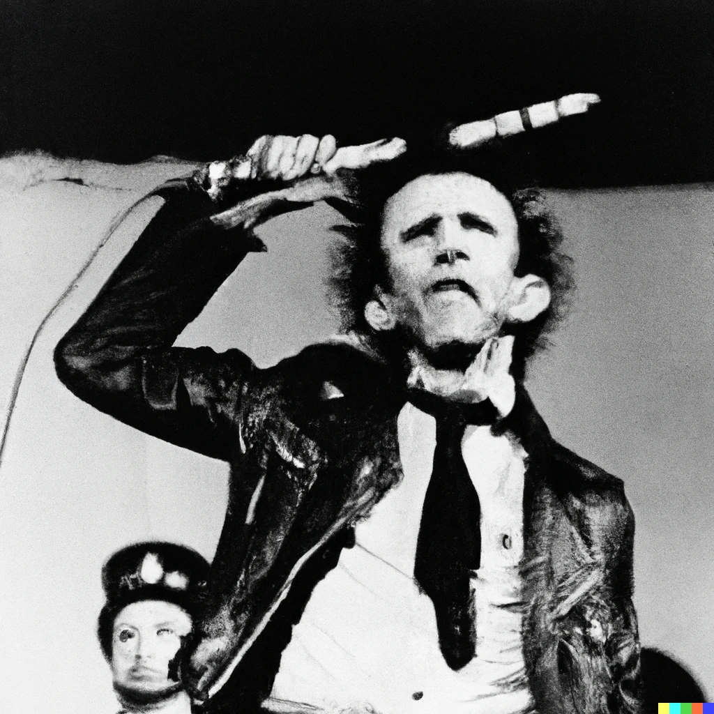 Prompt: abraham lincoln as a punk rocker in a concert of "the clash", London, 1979