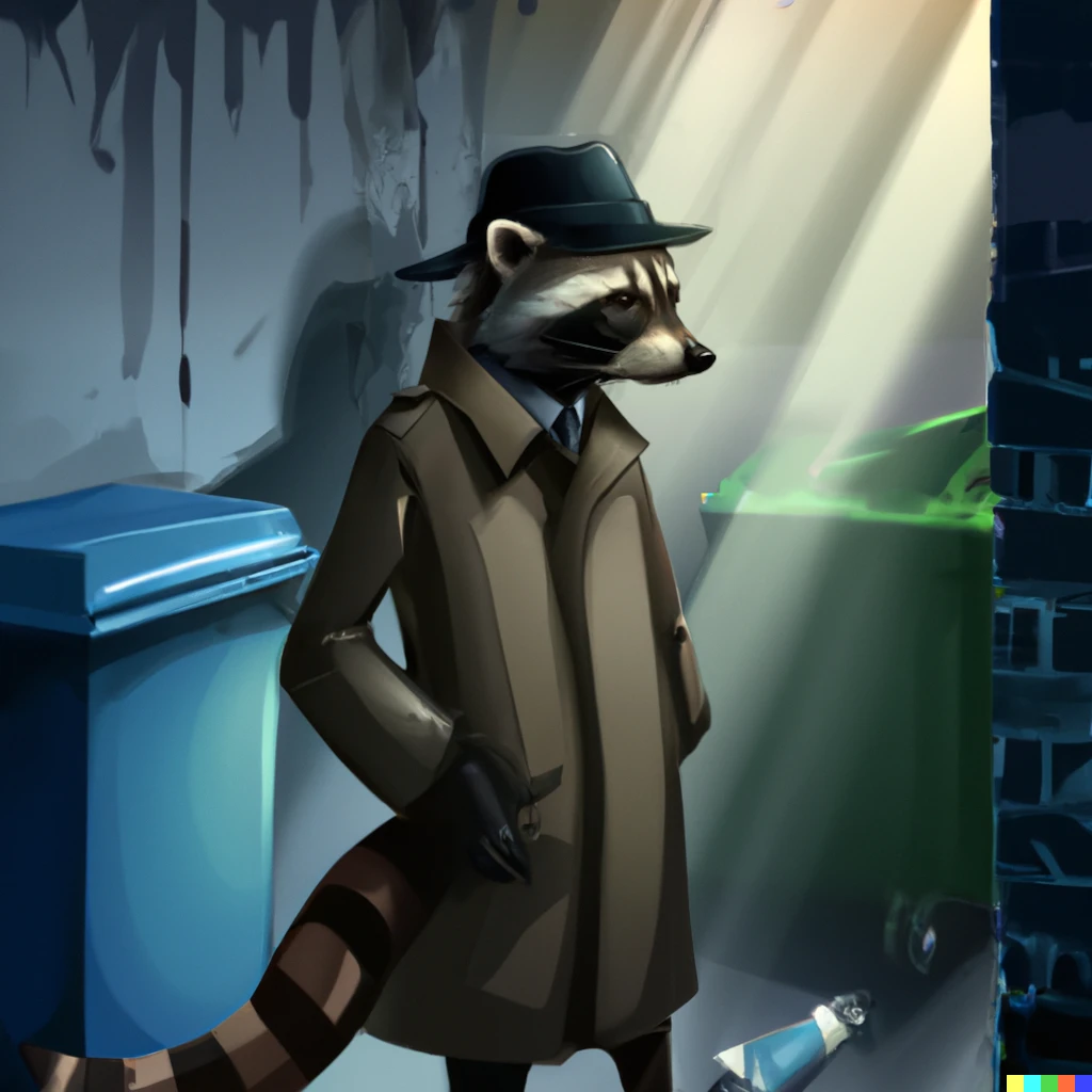 Prompt: Make him wearing a trenchcoat in an alleyway next to a knocked over trash can