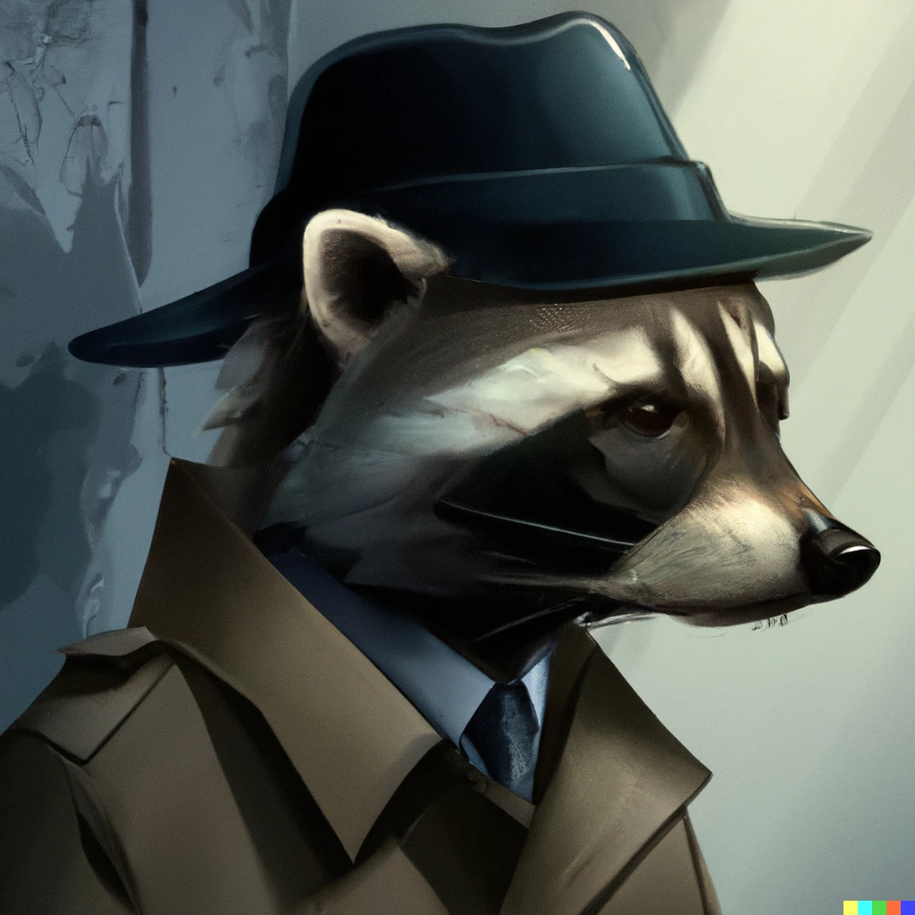 Prompt: A close up of a racoon wearing a fedora and a trench coat, film noir, digital art