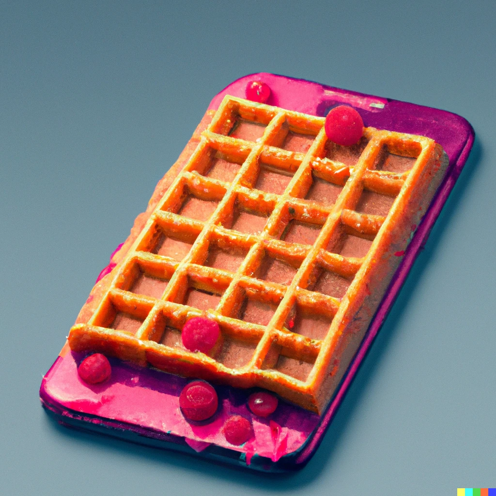 Prompt: a smartphone made out of waffles, with screen made from jelly, digital art