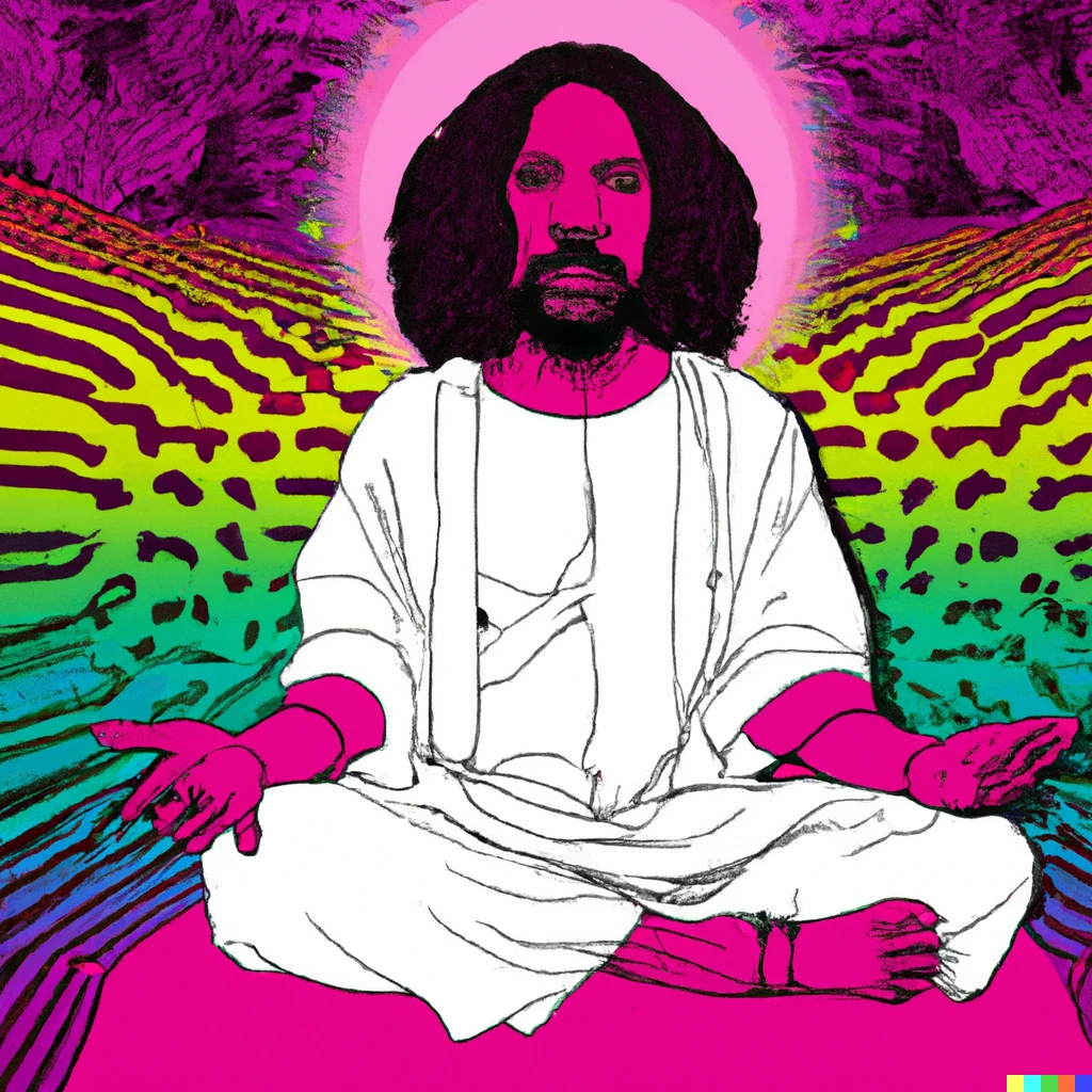 Prompt: Black Jesus with afro meditating in psychedelic realm. 