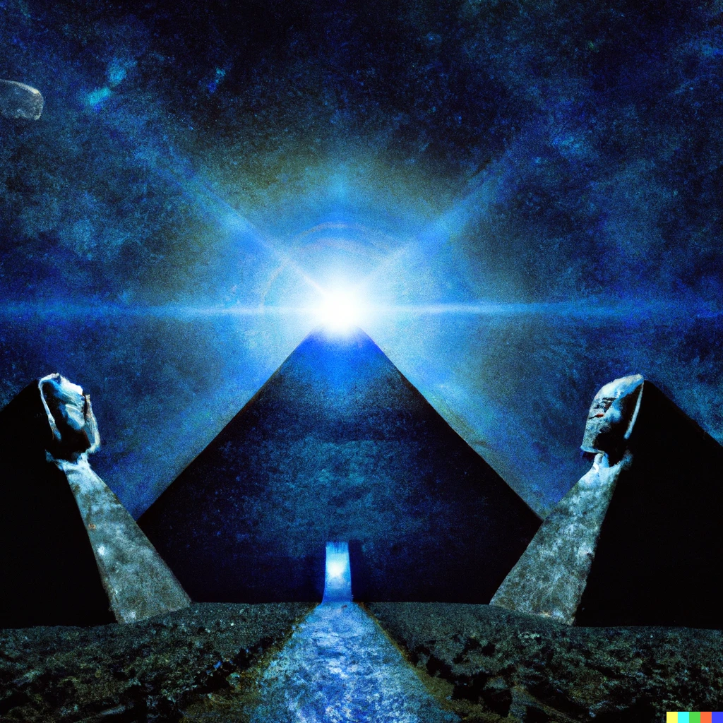 Prompt: The Egyptian pyramids with bright Stargate above. Sci-fi futuristic digital illustration detailed kemet