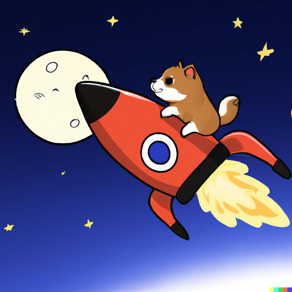 Prompt: Shiba inu flying a rocket to the moon