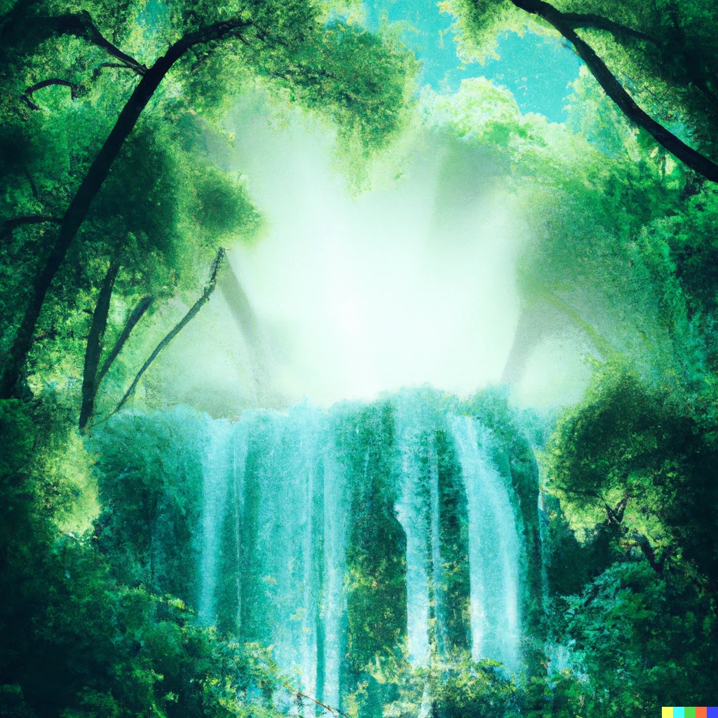 Prompt: A beautiful fantasy forest by luminous waterfall 