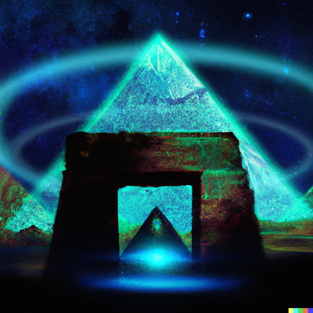 Prompt: The Egyptian pyramids with bright Stargate above. Sci-fi futuristic digital illustration detailed kemet