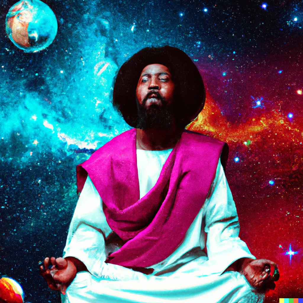 Prompt: High quality coherent photo of black Jesus christ with an afro meditating in the cosmos. 