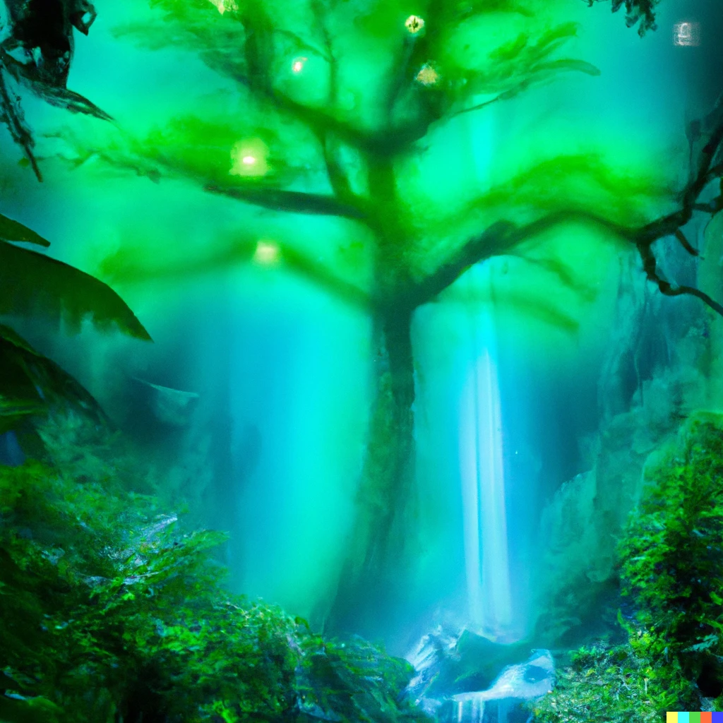 Prompt: A beautiful fantasy forest by luminous waterfall 
