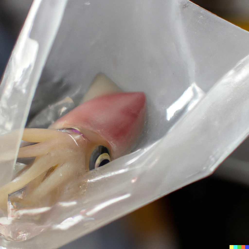 Prompt: A squid eating dough in a polythene bag is fast'n bulbous.