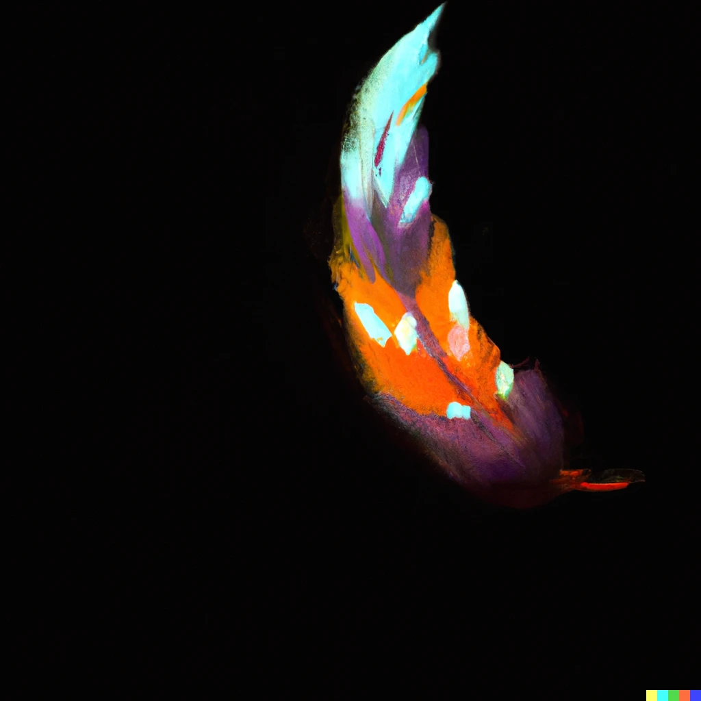 Prompt: A colourful feather floating in the air against a black background with white spots. Oil painting. 