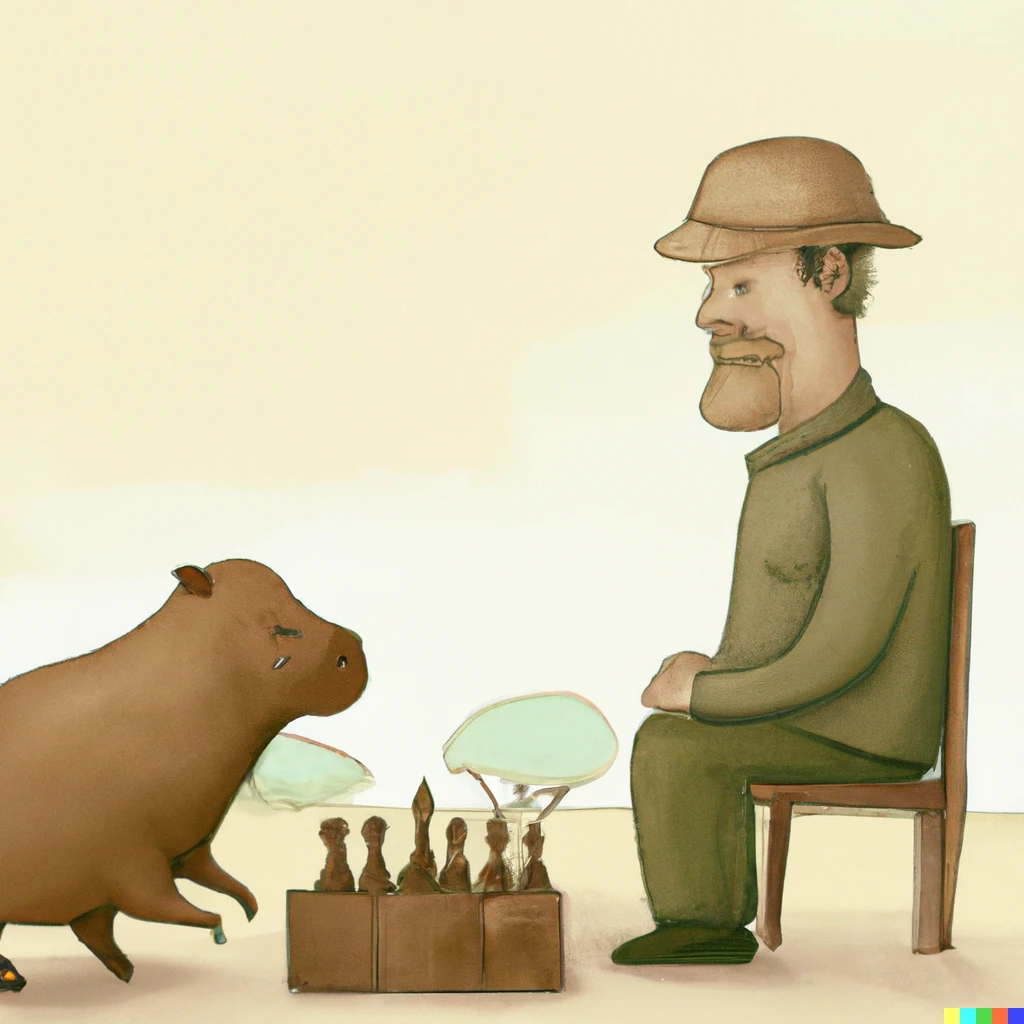 Prompt: a man playing chess with a capybara and winning with the with shepherd's checkmate