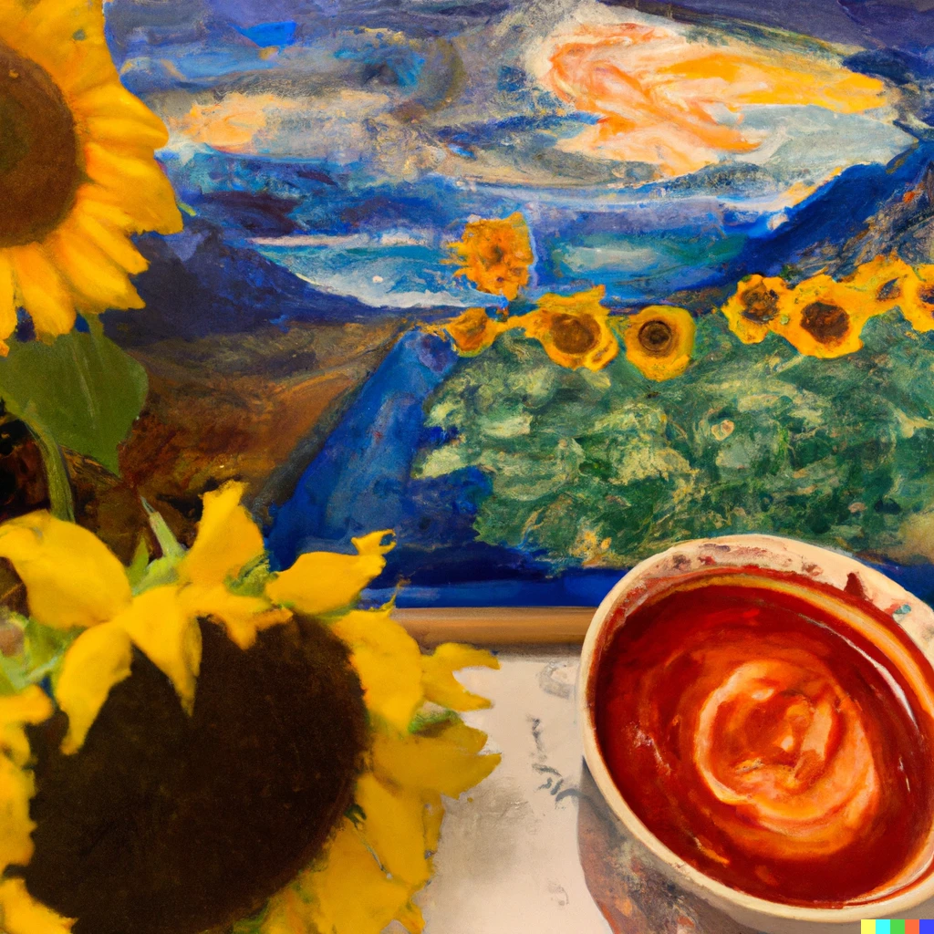 Prompt: Van Gogh sunflowers, tomato soup and climate change catastrophe