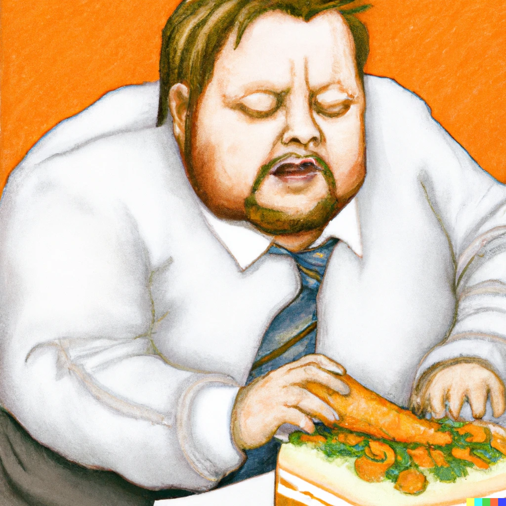 Prompt: A morbidly obese Leonardo DiCaprio ferociously stuffing himself with carrot cake, photorealistic 