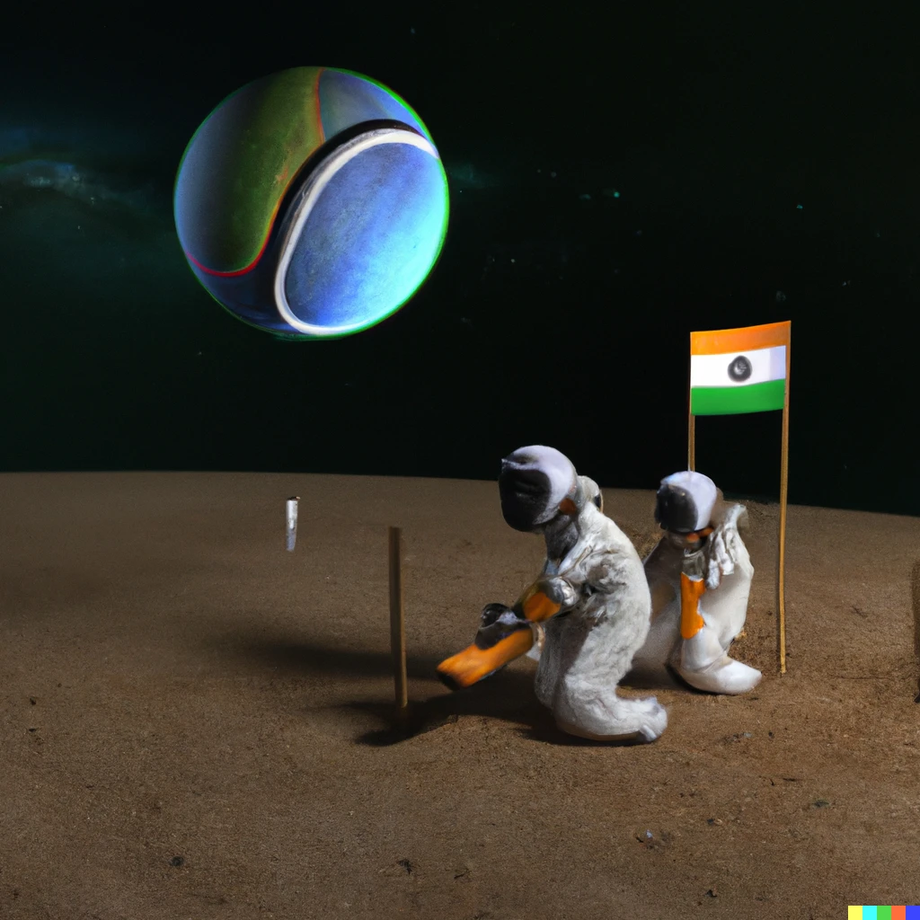 Prompt: 3d render of Astronauts from India playing cricket on moon with indian flag hosted on side. 

