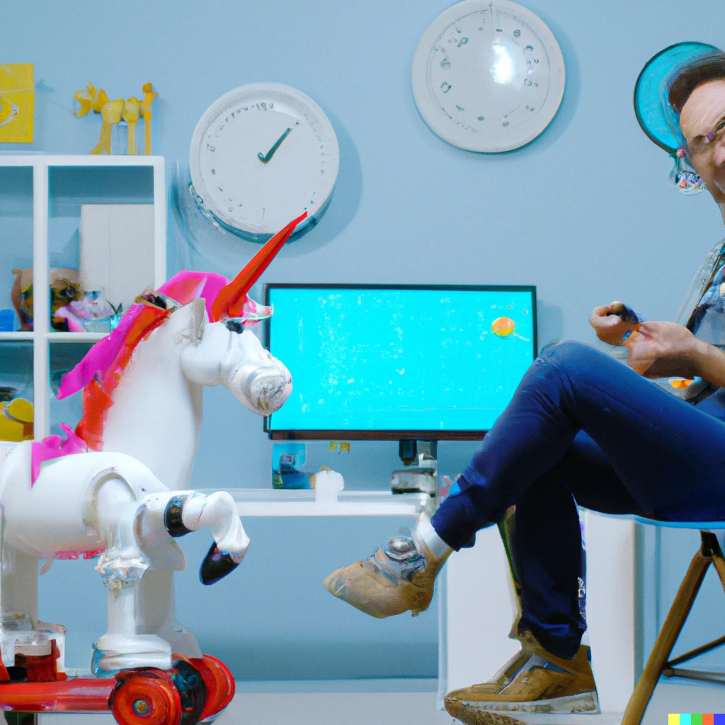 Prompt: A friendly engineer sitting on an unicorn is explaining mathematics to a little YouTube robot. In the same time, The YouTube robot is trying to not fall riding on a TikTok's hoverboard 