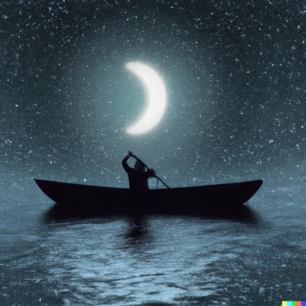 Prompt: silhouette of person rowing the cresent moon as boat in slightly glittering sea