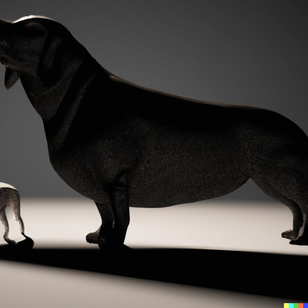 Prompt: A 3d render of a highly detailed giant dachshund guarding a very small great dane, backlit by the sun, shadow and silhouette