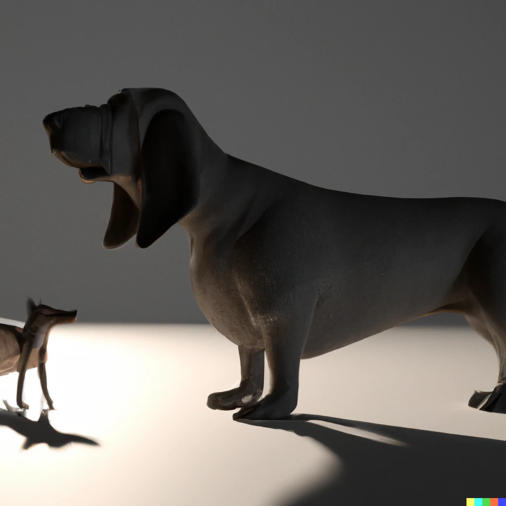 Prompt: A 3d render of a highly detailed giant dachshund guarding a very small great dane, backlit by the sun, shadow and silhouette