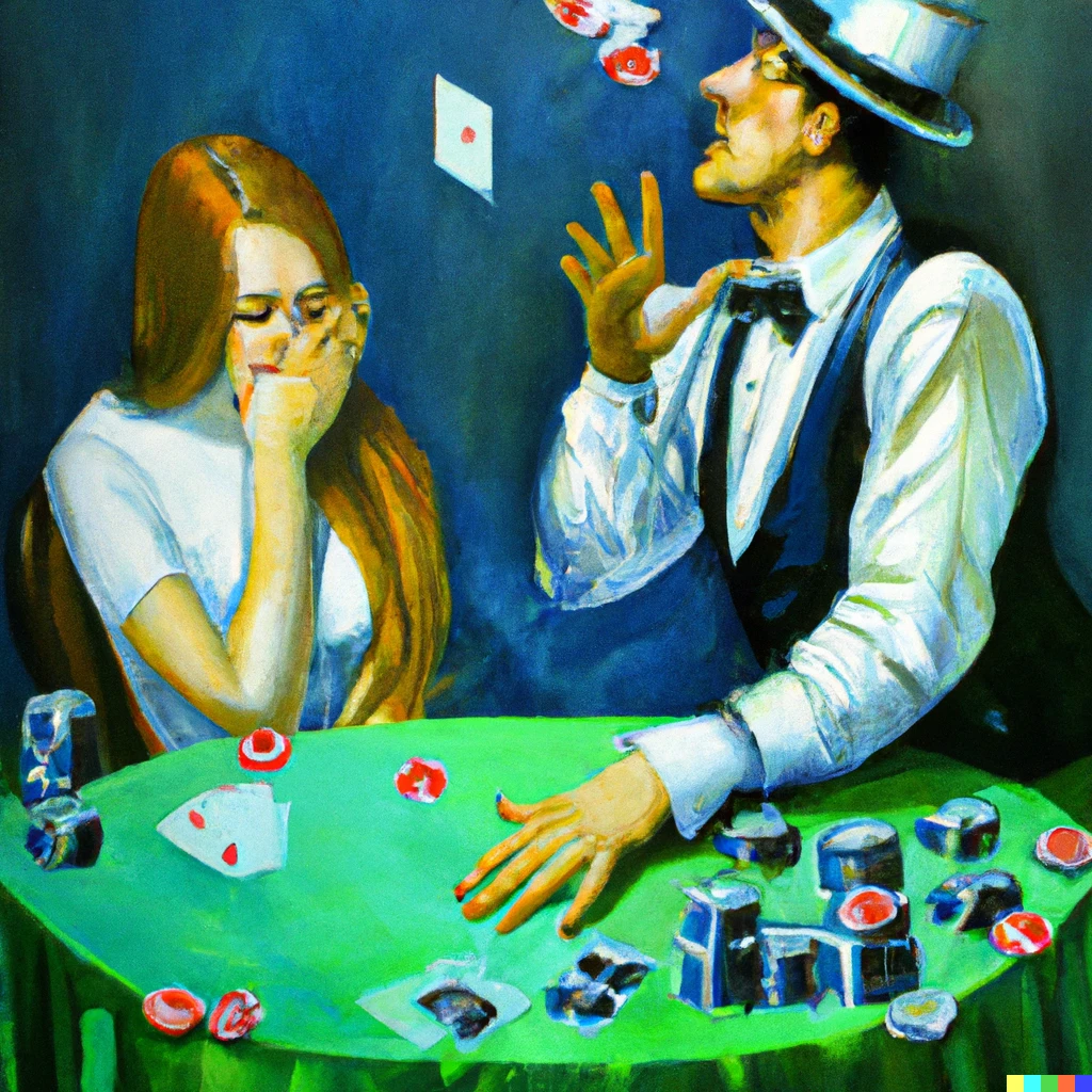 Prompt: Egotistical poker player attempts and fails at using white magic against female poker player, oil painting 