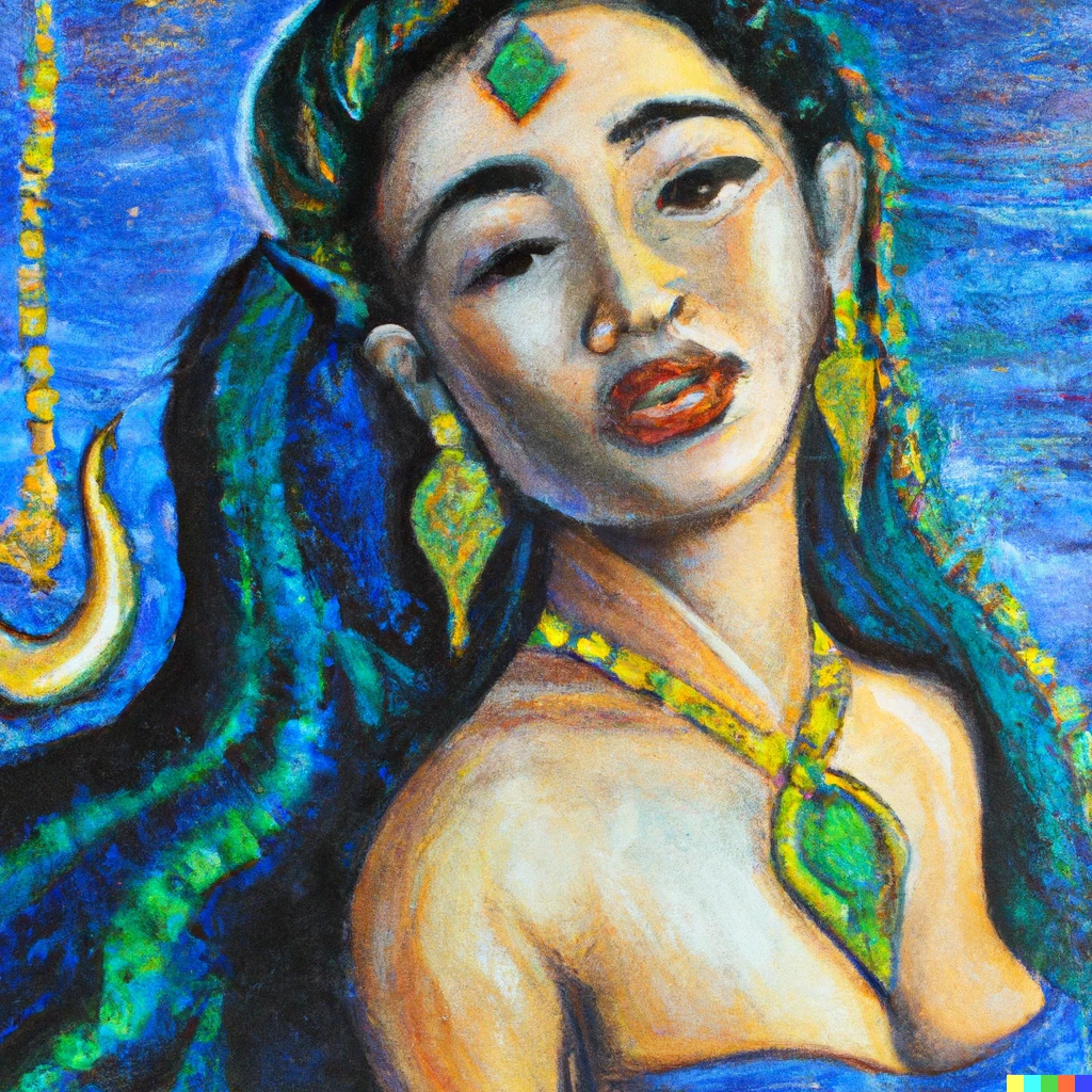Prompt: Mermaid wearing Etruscan jewelry in Timor-Leste, gorgeous oil painting 