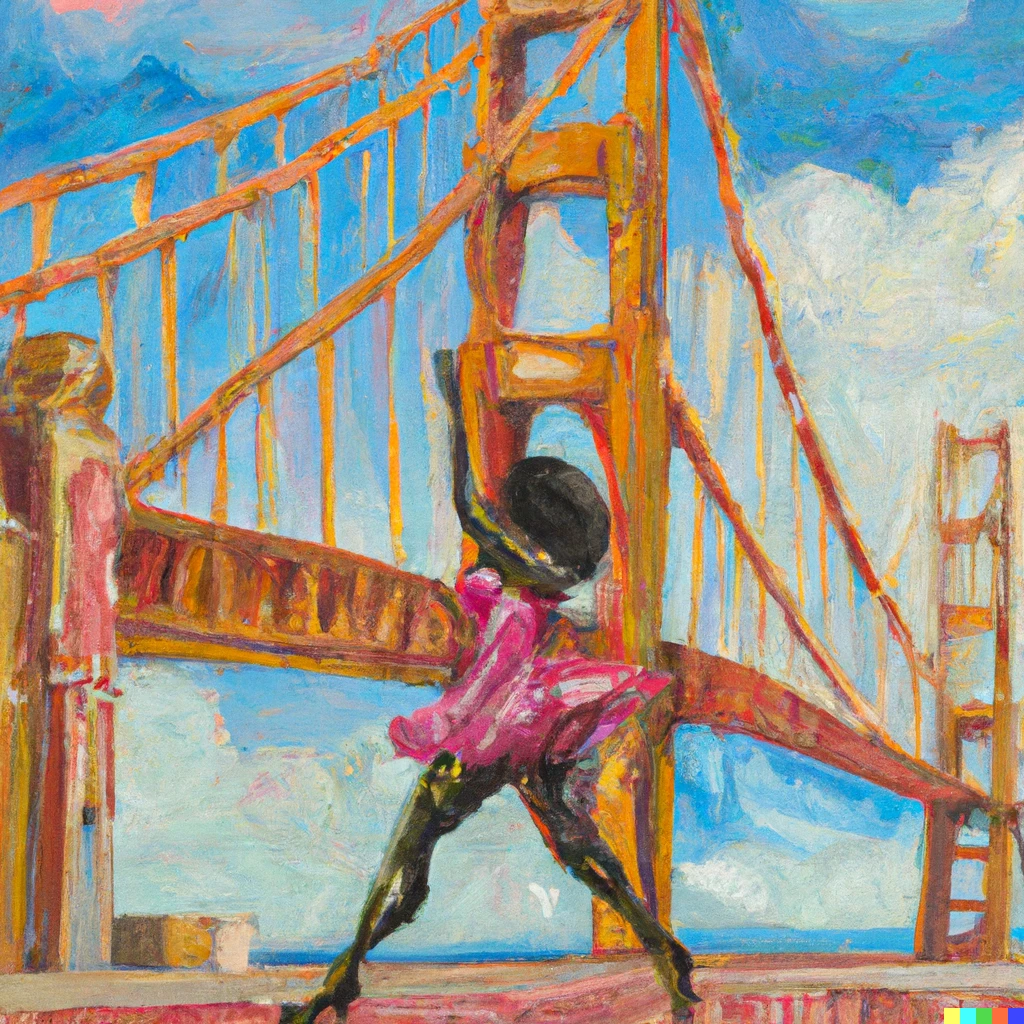 Prompt: Las Vegas showgirls dance across the Golden Gate Bridge, oil painting 