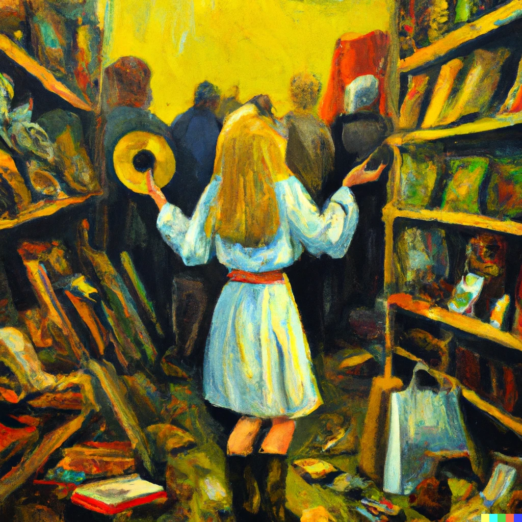 Prompt: Girl finds her holy grail record at a thrift store, oil painting 