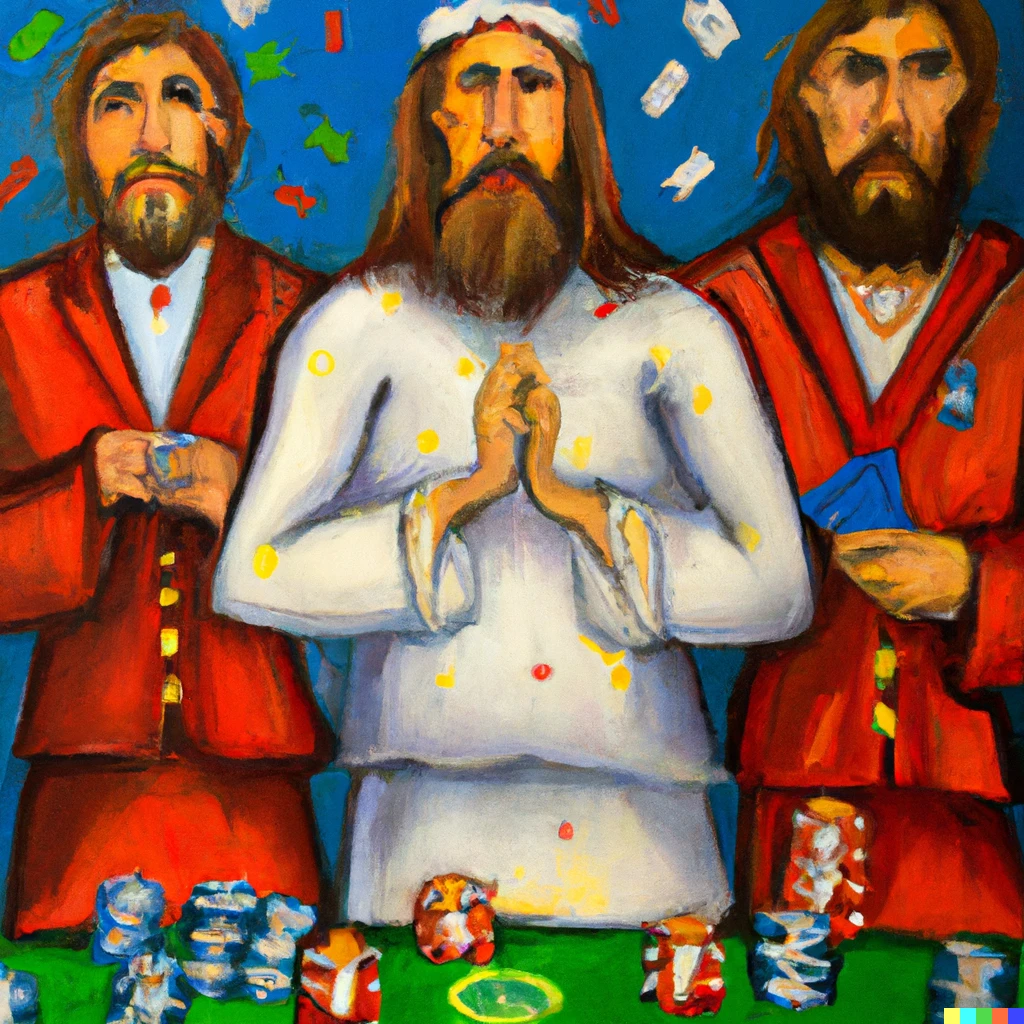 Prompt: Poker player thinks they are incredible for their effective altruism and are basically a modern Jesus, oil painting 