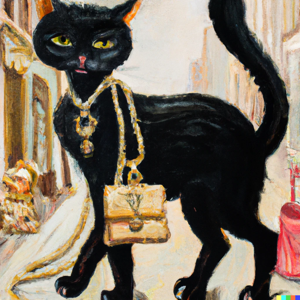 Prompt: Black cat carrying a Gucci purses, wearing Louboutin heels, and tons of gold necklaces, walking down 5th avenue, oil painting 