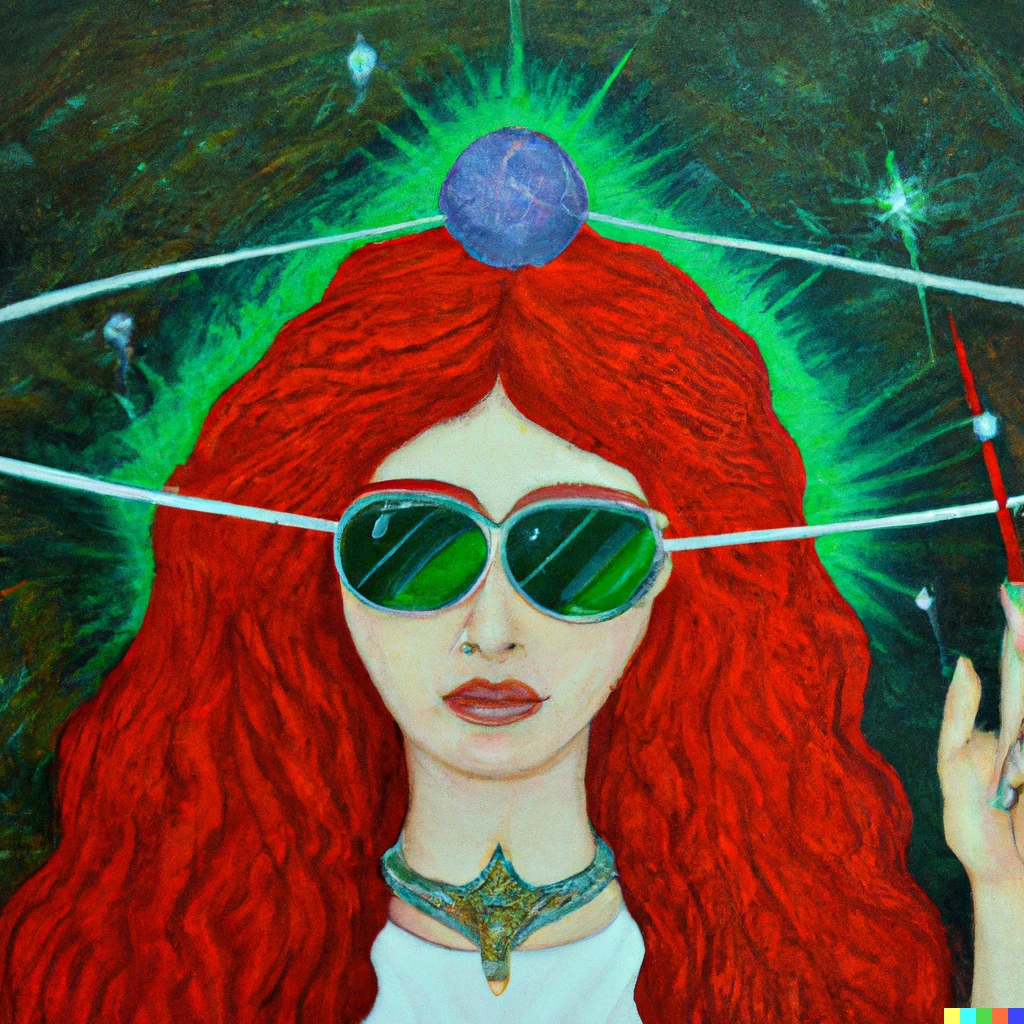 Prompt: Jewish girl with dark cherry red hair, and huge chai tiara, green glasses, controlling the space laser, with earth in the background, oil paintings 