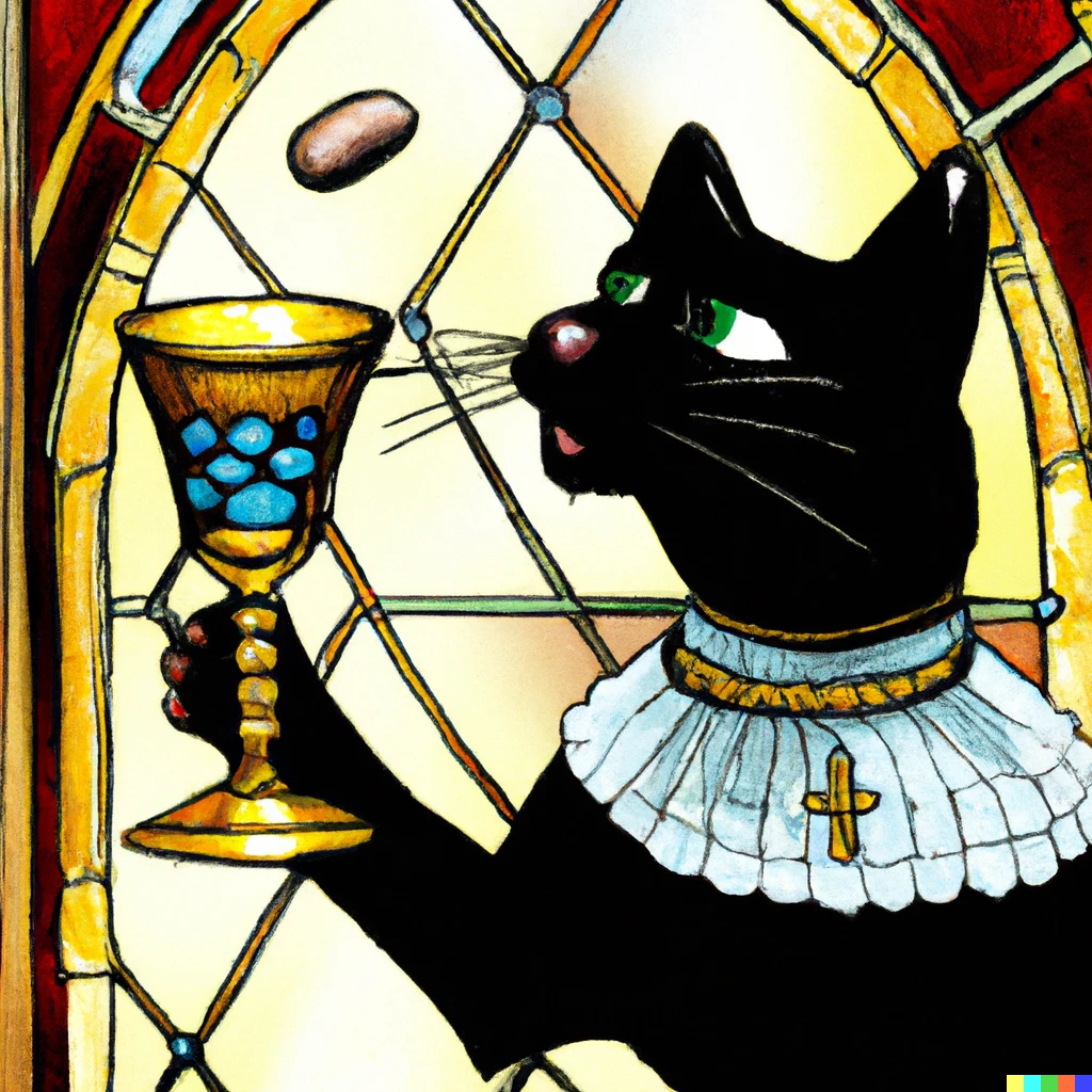 Prompt: Black cat giving holy communion stained glass