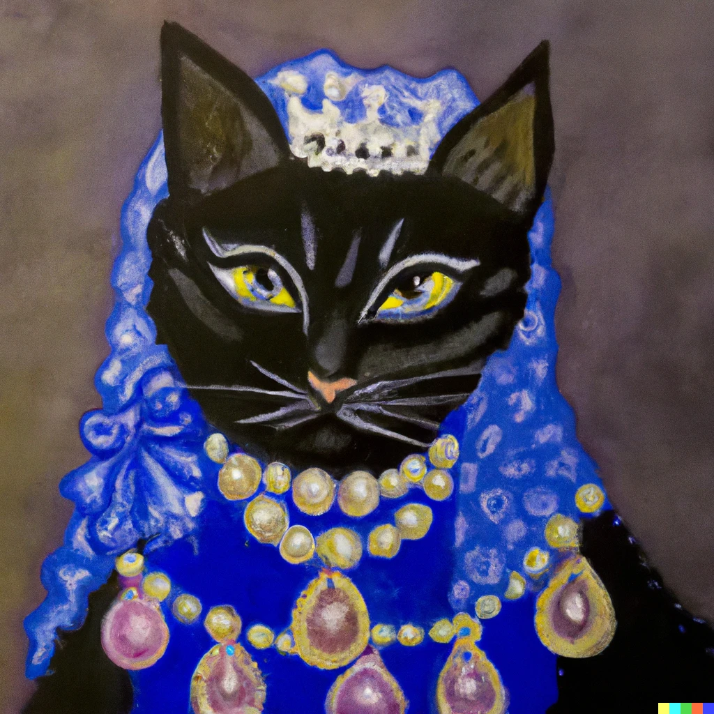 Prompt: My black cat surrounded by shekel symbols and wearing tons of pearl necklaces and blue bandana topped with a tiara, oil painting 
