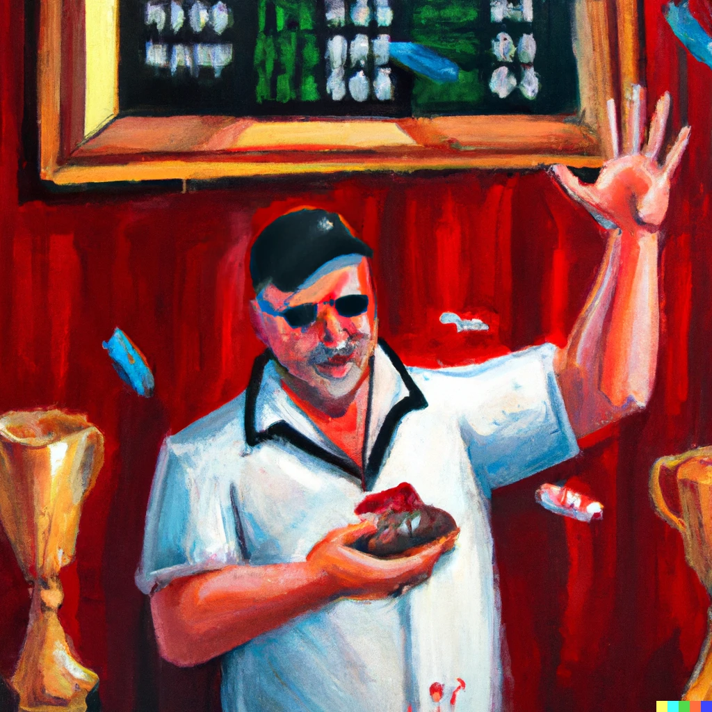 Prompt: Video poker maven wins poker tournament, wearing a baseball cat, and sunglasses, oil painting 