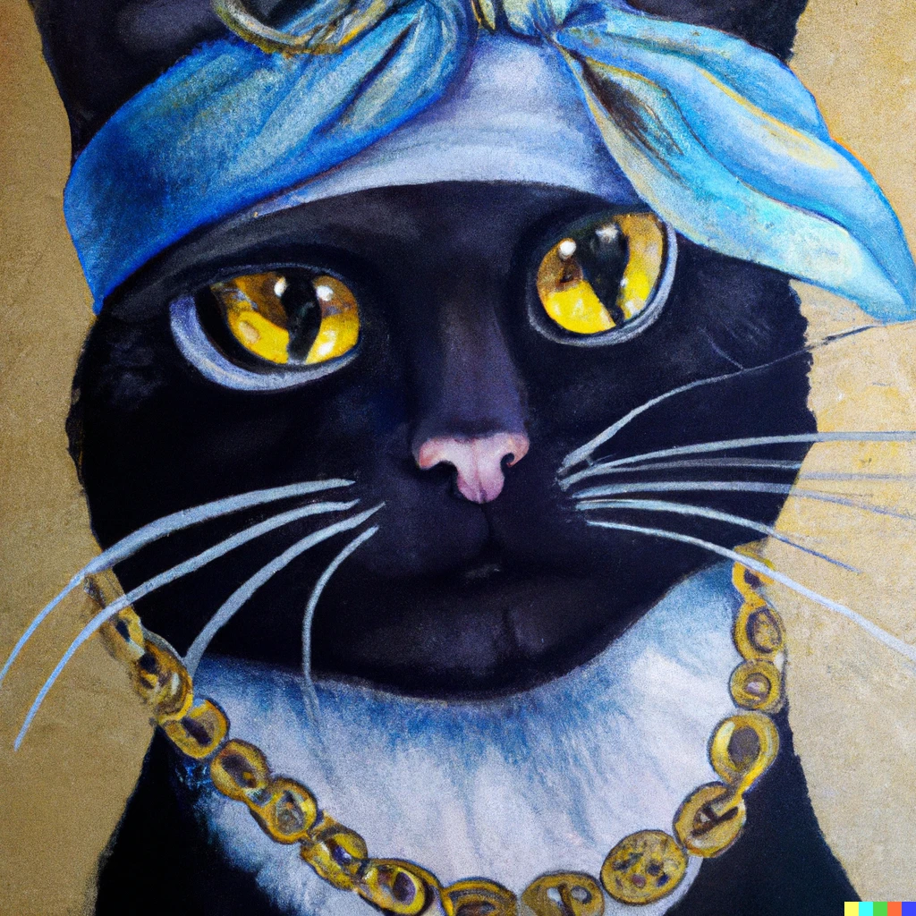 Prompt: A black cat dressed up with a blue bandana, a diamond earring and dollar sign gold chain, oil painting 
