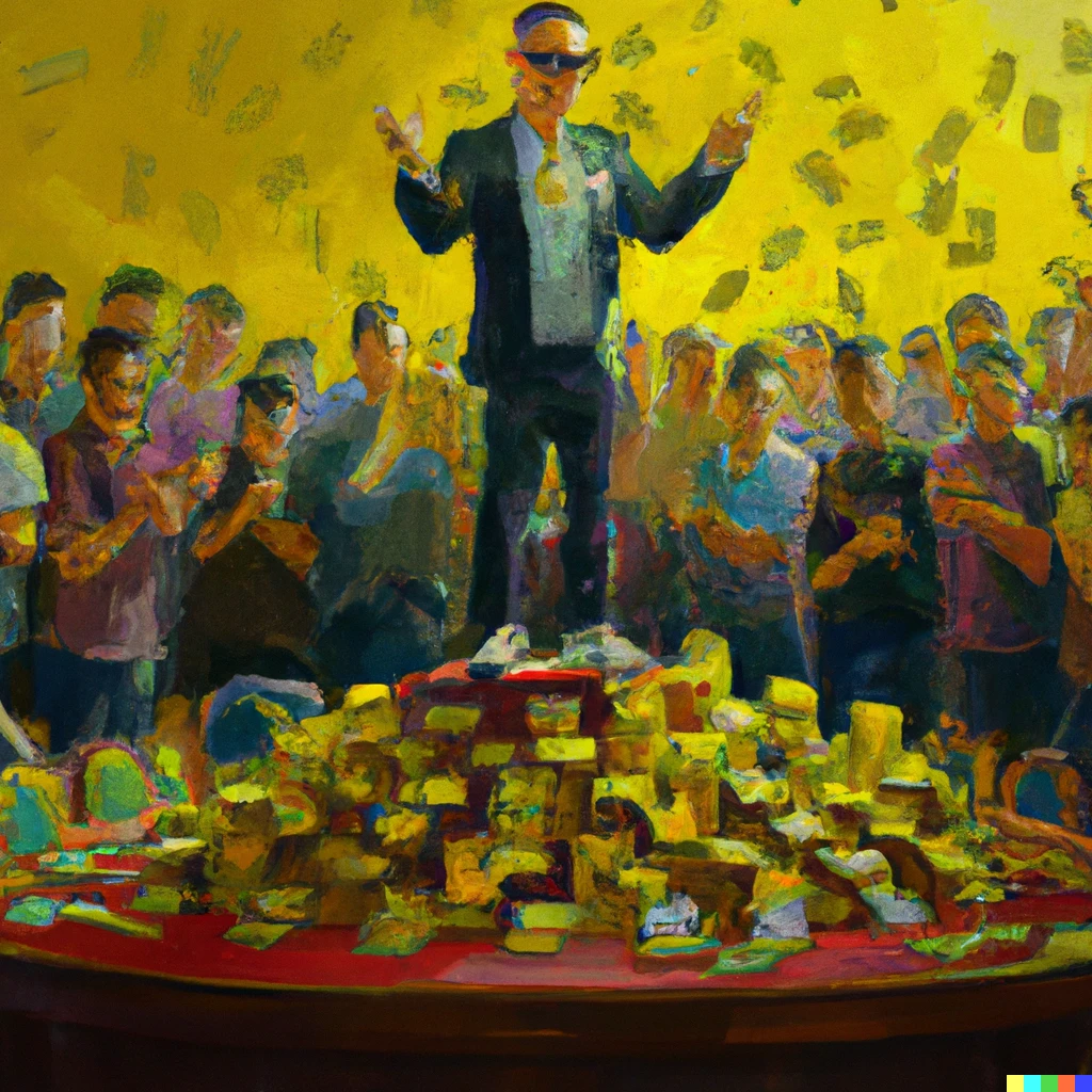 Prompt: Poker room manager in yellow lens glasses stands on podium, dozens of players and staff get on their knees and bow to him like a messiah, the Karen’s and nits have been conquered, oil painting