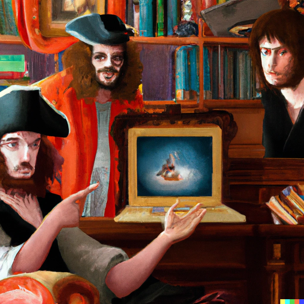 Prompt: a 2010s internet pirate explaining dvds to old time pirates from the 1700s oil painting 