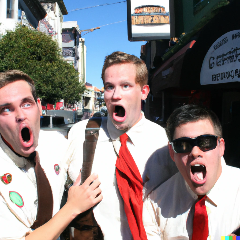 Prompt: Shocked Mormon Missionaries end up at Folsom street fair in San Francisco Folsom, digital art 