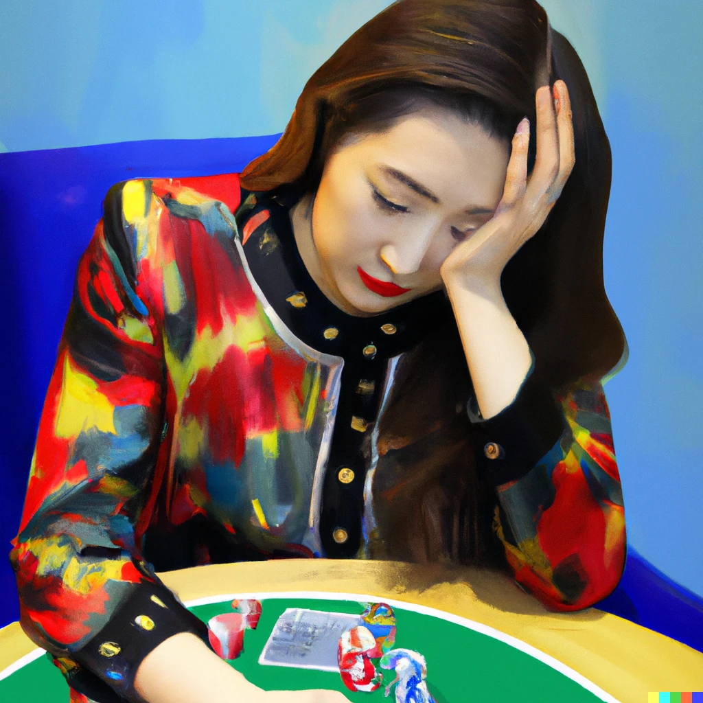 Prompt: Poker player banging her head on the table after seeing the mainstream tweets about poker, oil paintijg